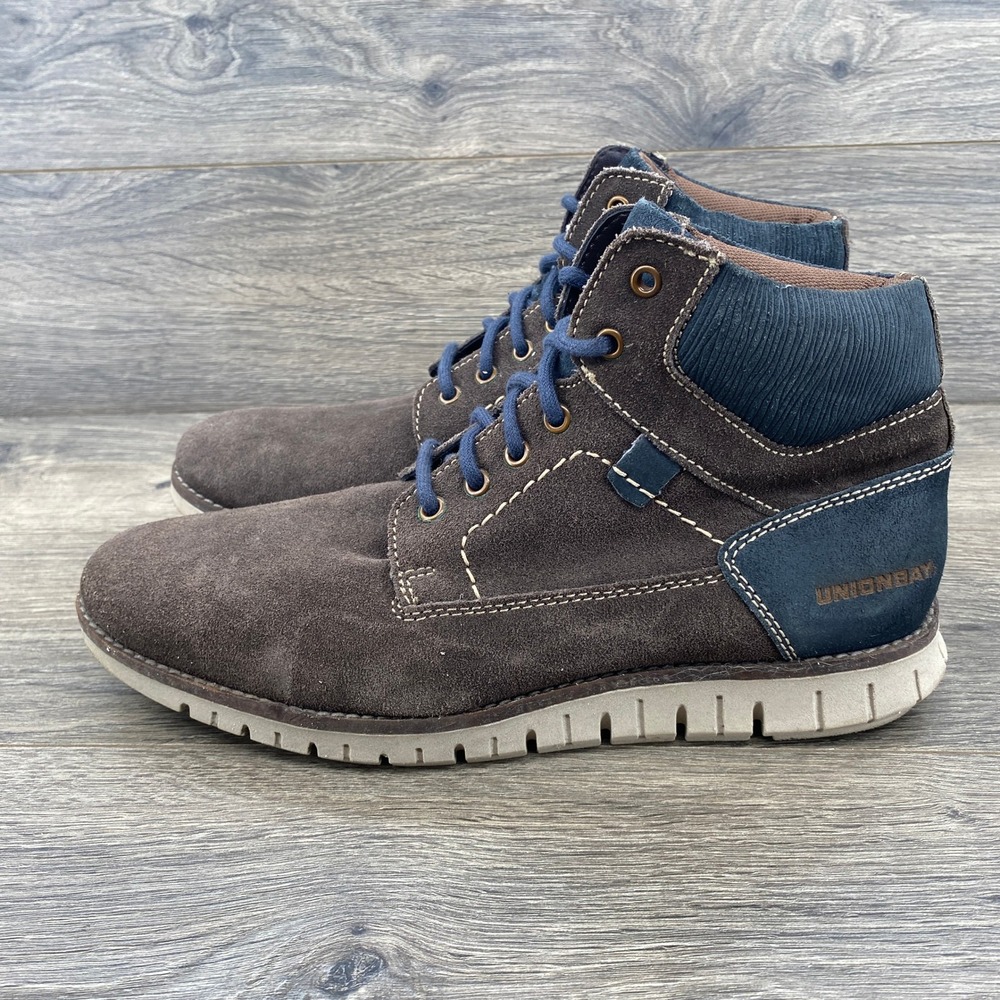 Unionbay UB611 Suede Boots Mens Size 11 Brown Navy Blue Leather Mid Top Utility
